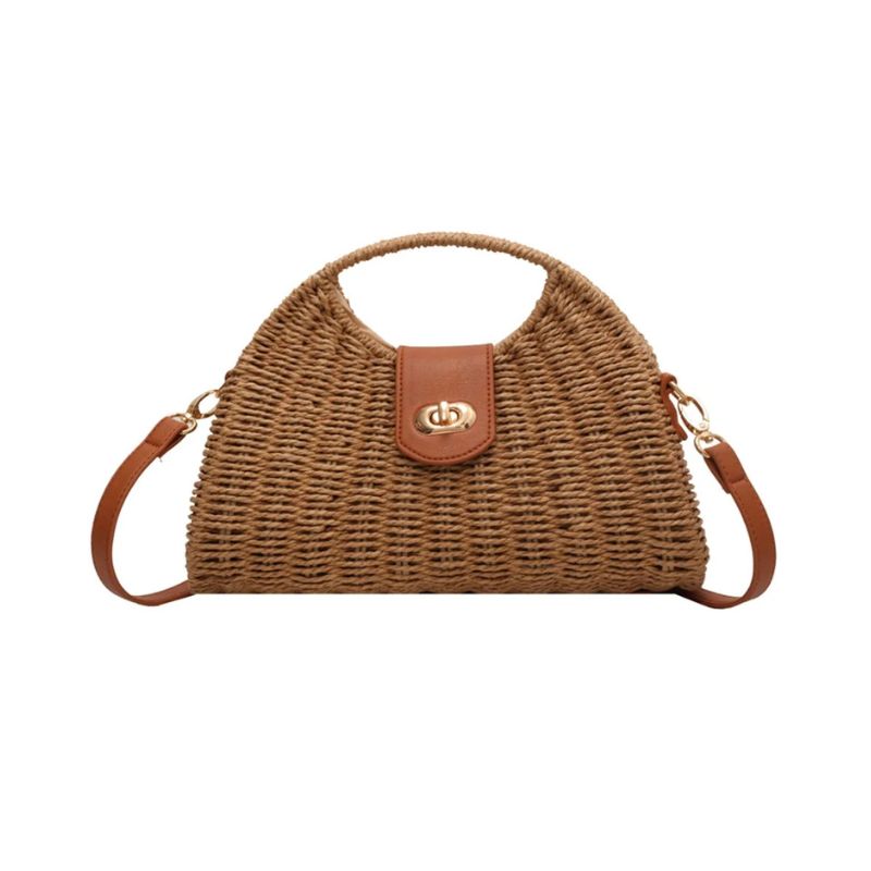 Bolsa Palha Praia Semicircular Aurelle - Design Natural Atemporal Cáqui