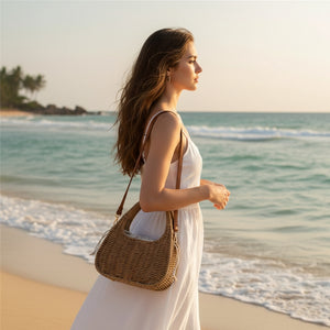 Mulher na Praia com a Bolsa Palha Lille