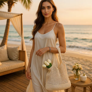 Modelo Usando Bolsa Praia Crochê Verbena Soleil Bege