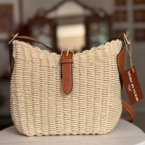 bolsa de palha natural bege com alca em couro
