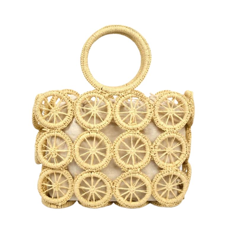 Bolsa de Praia Palha Trançada Nara - Formato Quadrado Vazado Bege