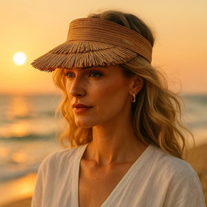 Viseira de Praia com Franja – Elegância em Palha Natural Bege