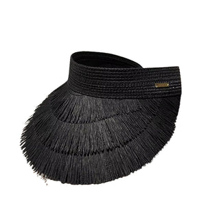 Viseira de Praia com Franja – Elegância em Palha Natural Preto