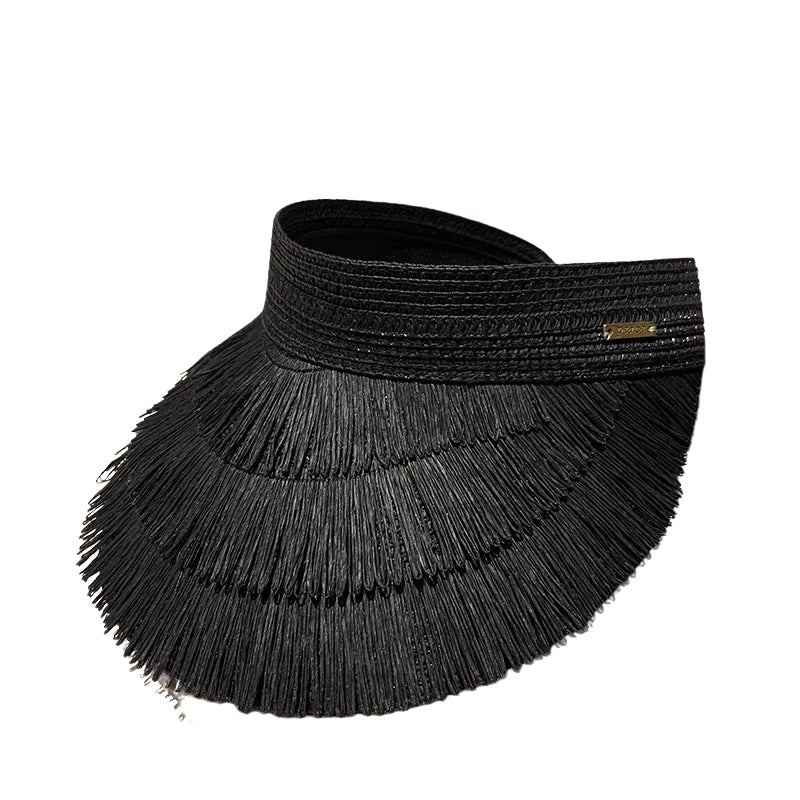 Viseira de Praia com Franja – Elegância em Palha Natural Preto