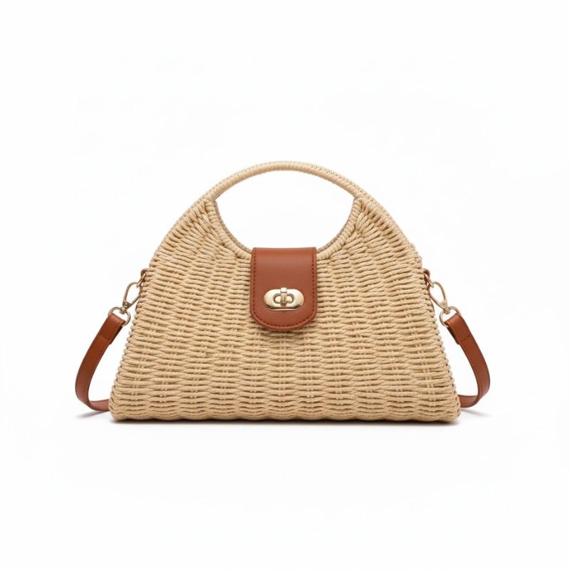 Bolsa Palha Praia Semicircular Aurelle - Design Natural Atemporal Bege