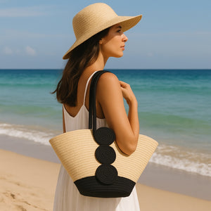 Bolsa Praia Palha Santorini – Branco com Creme