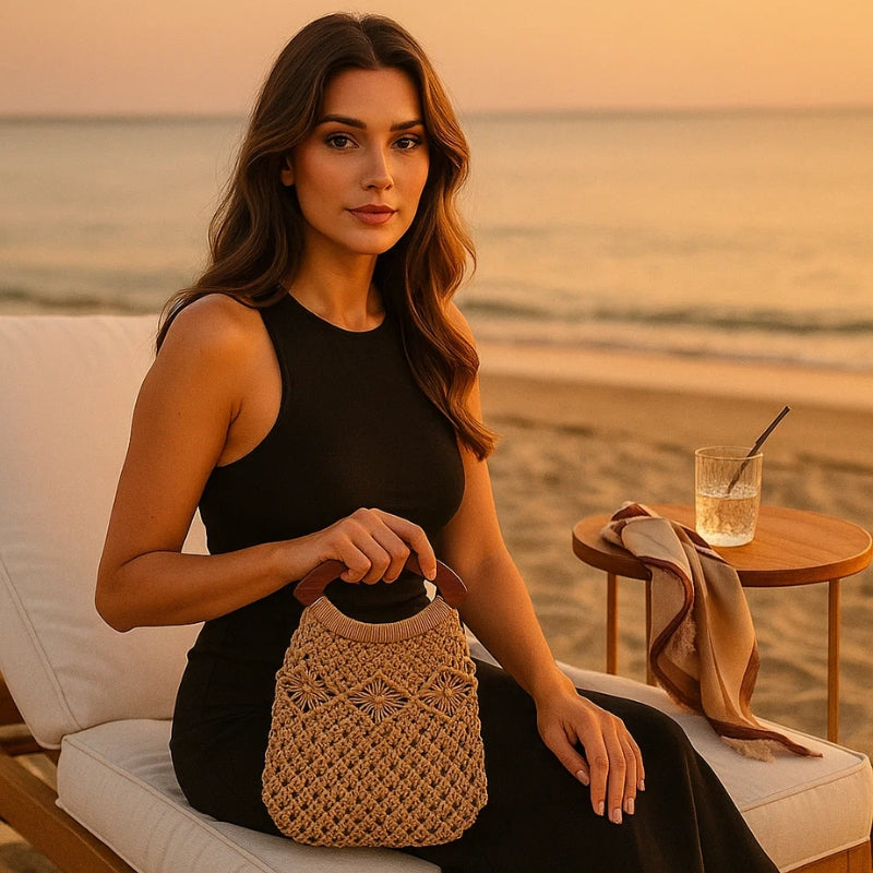 Bolsa Praia Crochê Elise - Estilo Retrô em Cáqui