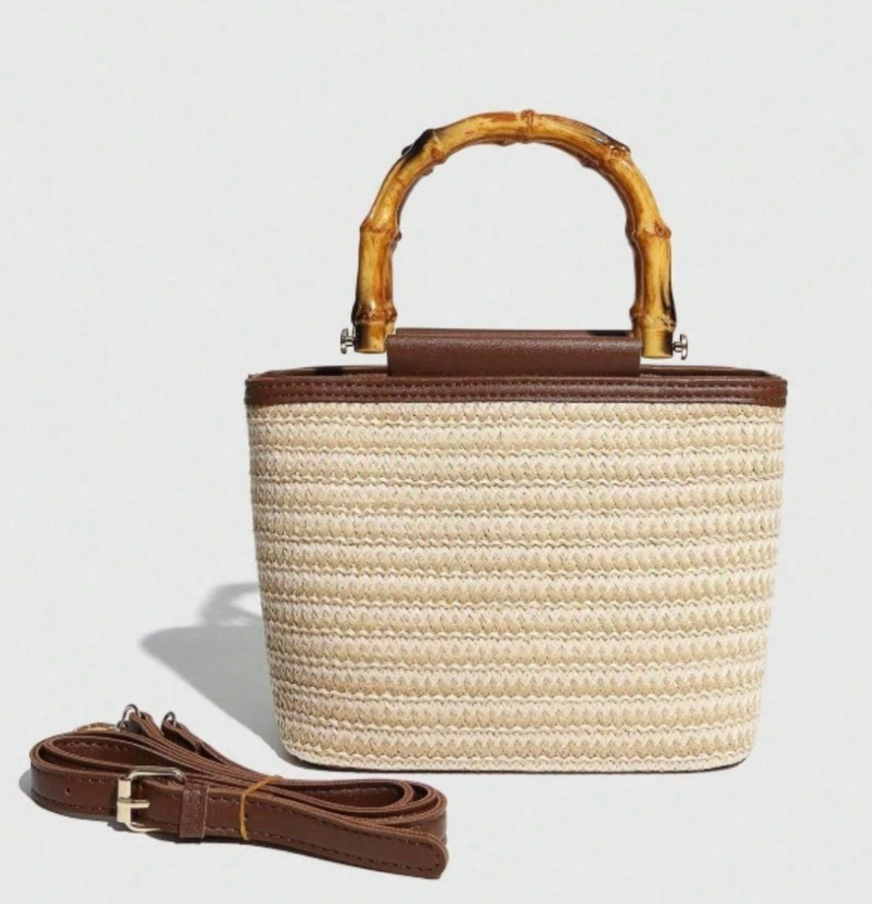 Bolsa Praia de Palha com alça em bambu