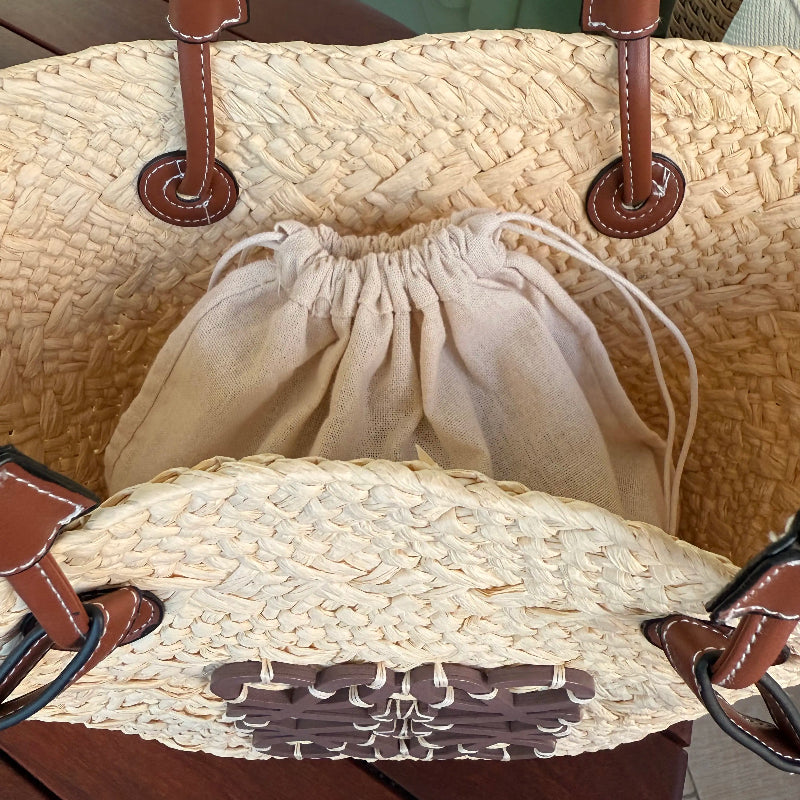 bolsa de palha grande com alca de couro