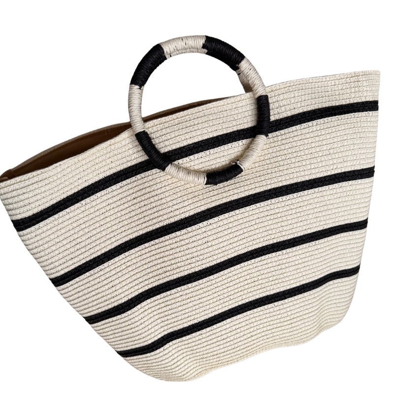 Bolsa de Palha Riviera Listrada - Alça Redonda Artesanal Off White