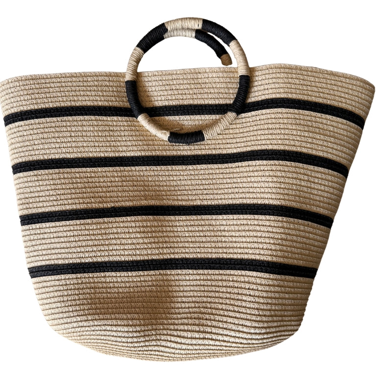Bolsa de Palha Riviera Listrada - Alça Redonda Artesanal Bege