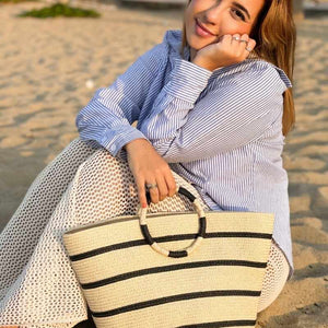 bolsa de palha de praia listrada