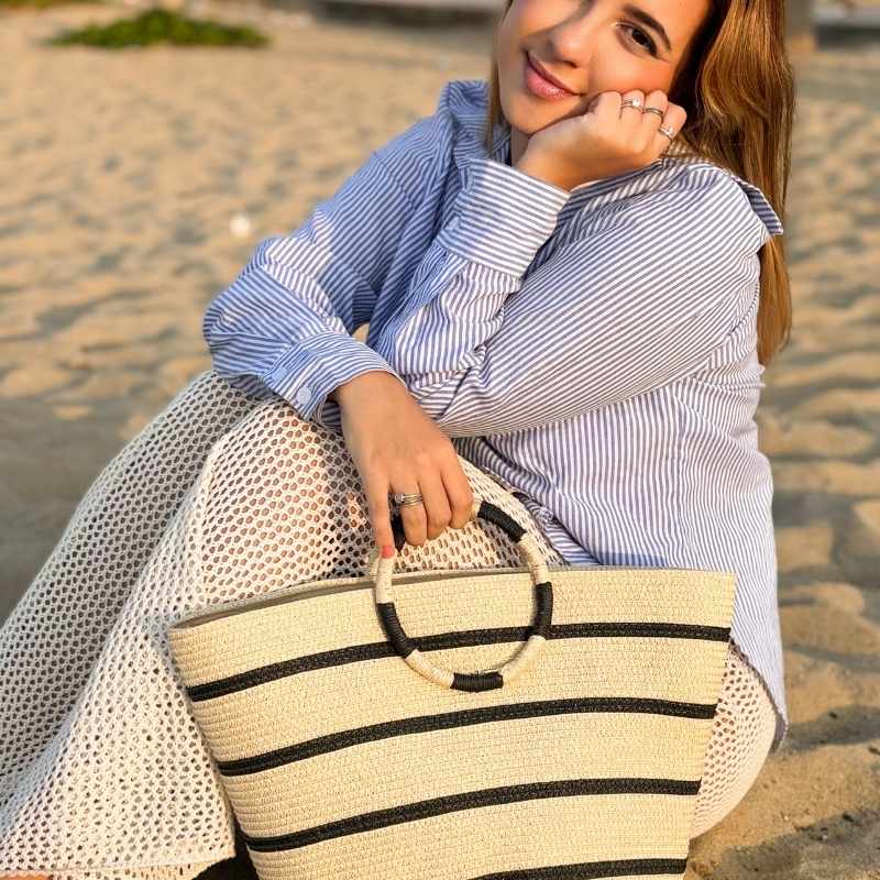 bolsa de palha de praia listrada